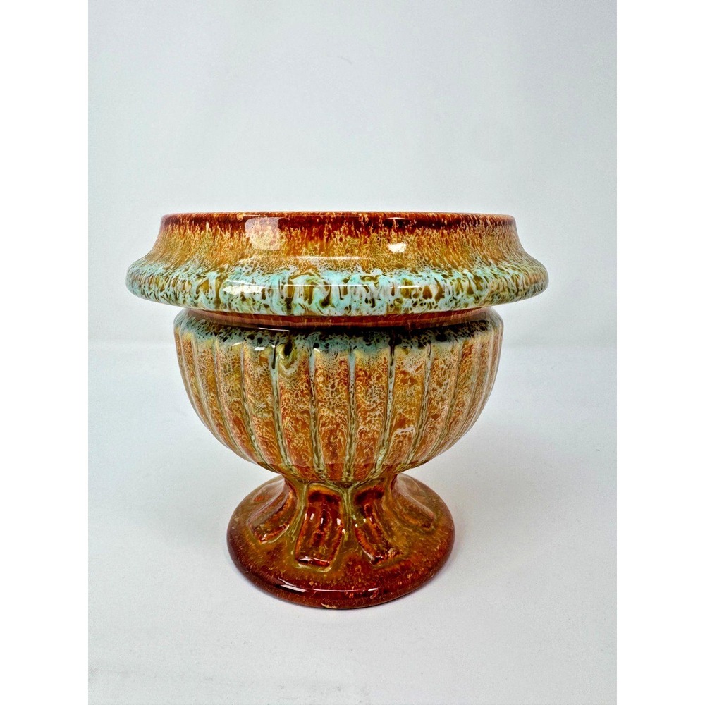 Vintage Haeger USA #135 Pedestal Urn Planter Orange Green Drip Glaze 5.5"